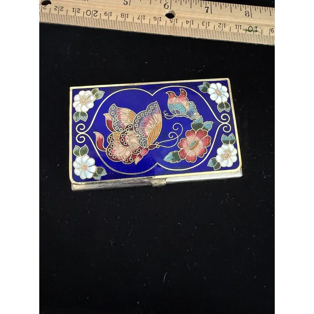 Vintage chinese Cloisonne Enamel Butterfly and floral Design card holder
